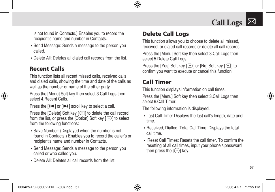 Call logs | Pantech PG - 3600V User Manual | Page 58 / 115