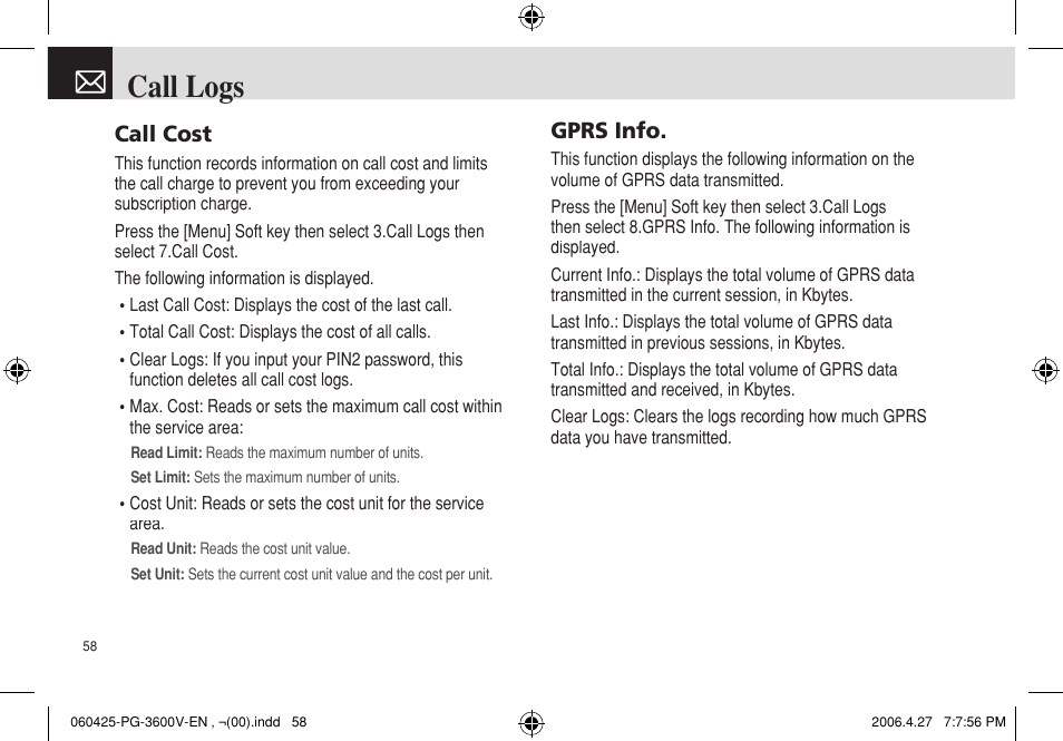 Call logs, Call cost, Gprs info | Pantech PG - 3600V User Manual | Page 59 / 115