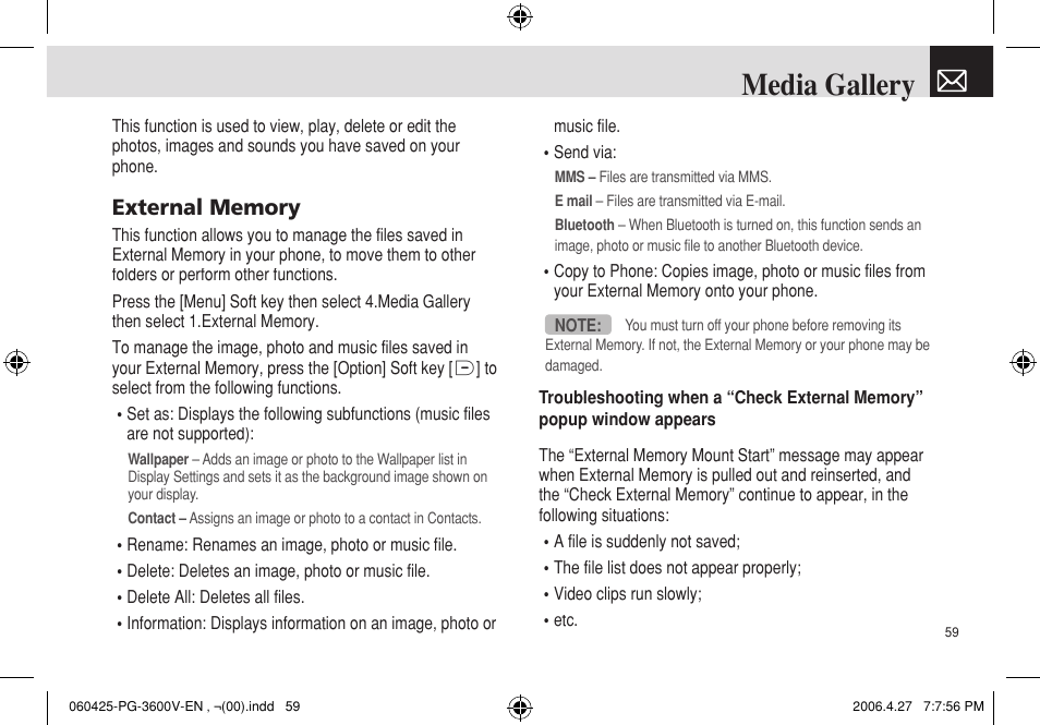 Media gallery | Pantech PG - 3600V User Manual | Page 60 / 115