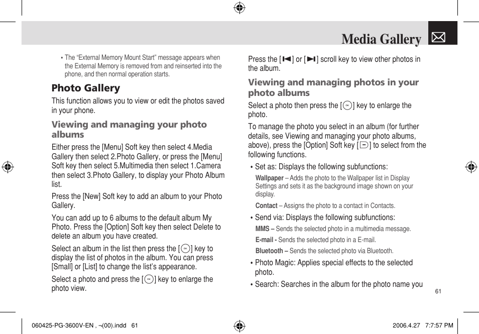 Media gallery, Photo gallery | Pantech PG - 3600V User Manual | Page 62 / 115