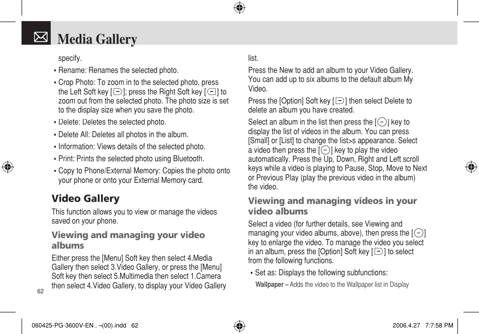 Media gallery, Video gallery | Pantech PG - 3600V User Manual | Page 63 / 115