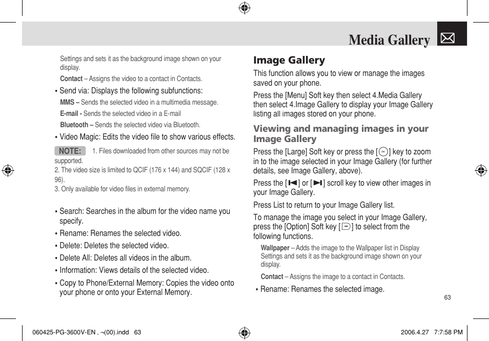 Media gallery, Image gallery | Pantech PG - 3600V User Manual | Page 64 / 115