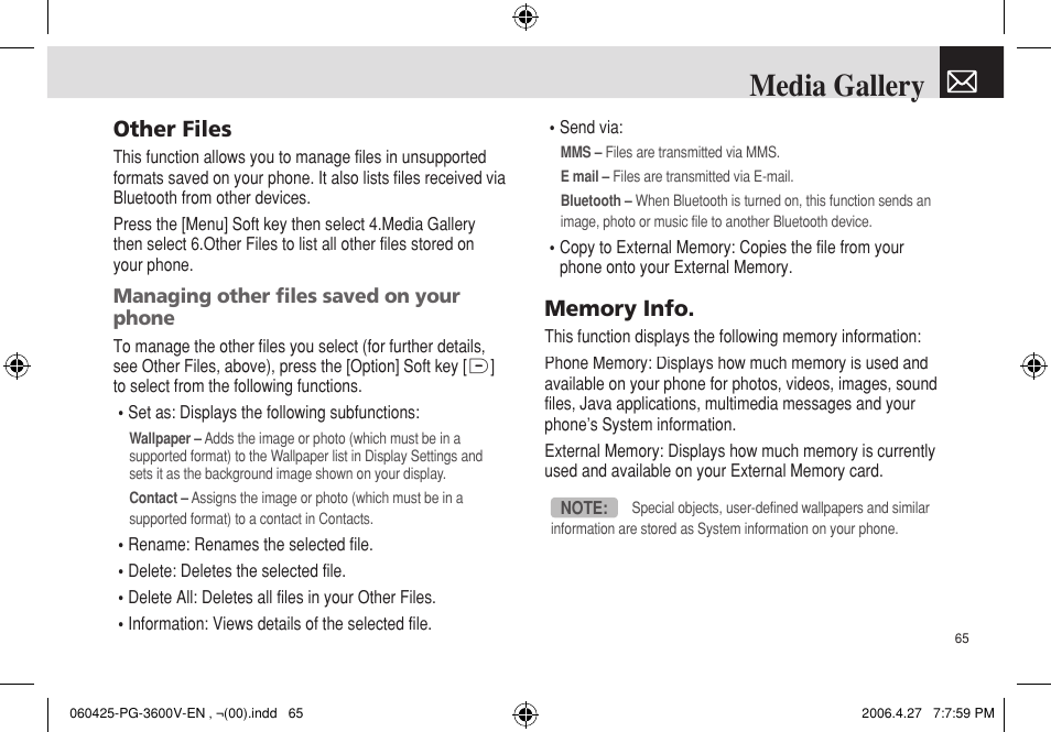 Media gallery, Other files | Pantech PG - 3600V User Manual | Page 66 / 115