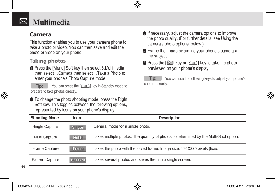 Multimedia, Camera | Pantech PG - 3600V User Manual | Page 67 / 115
