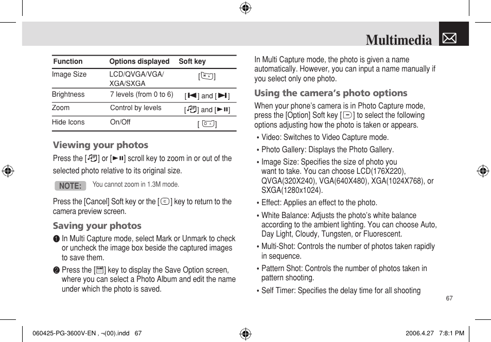 Multimedia | Pantech PG - 3600V User Manual | Page 68 / 115