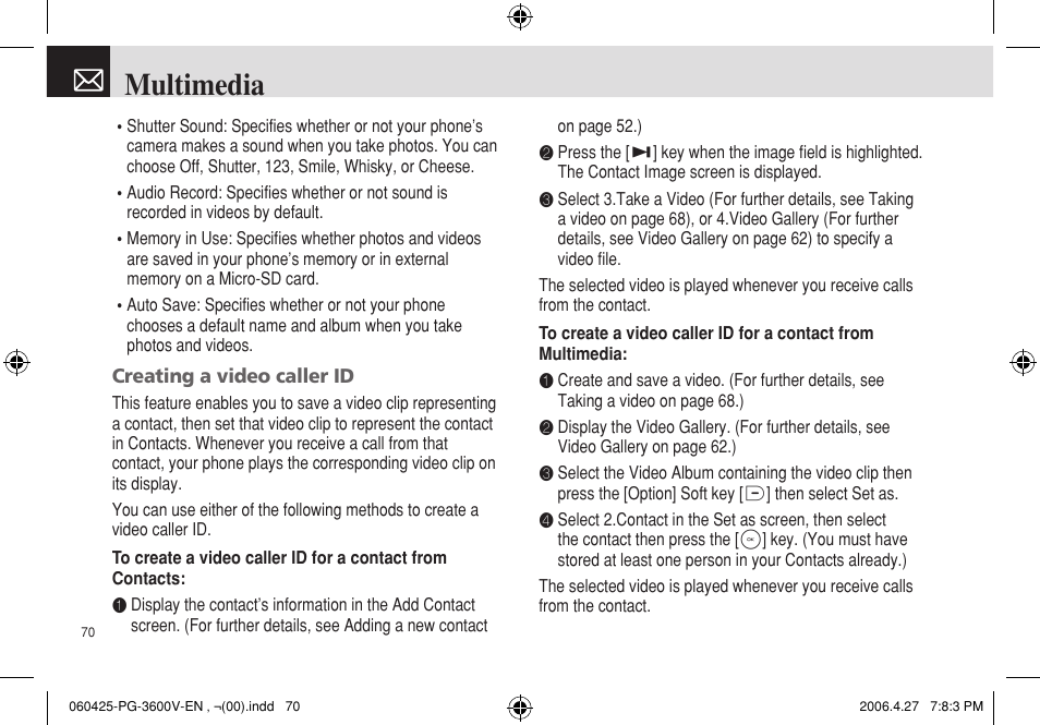 Multimedia | Pantech PG - 3600V User Manual | Page 71 / 115
