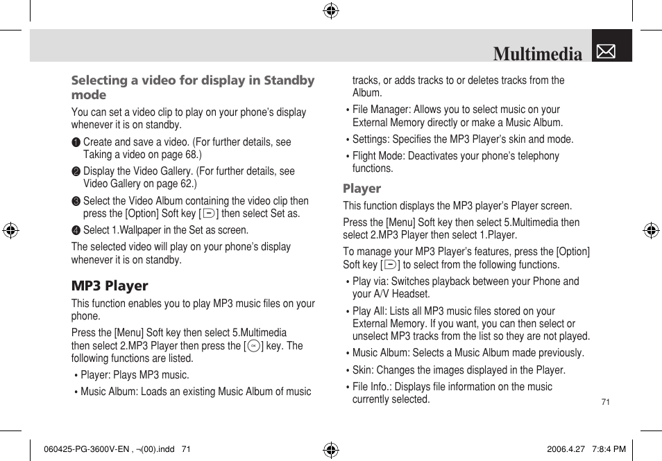Multimedia, Mp3 player | Pantech PG - 3600V User Manual | Page 72 / 115