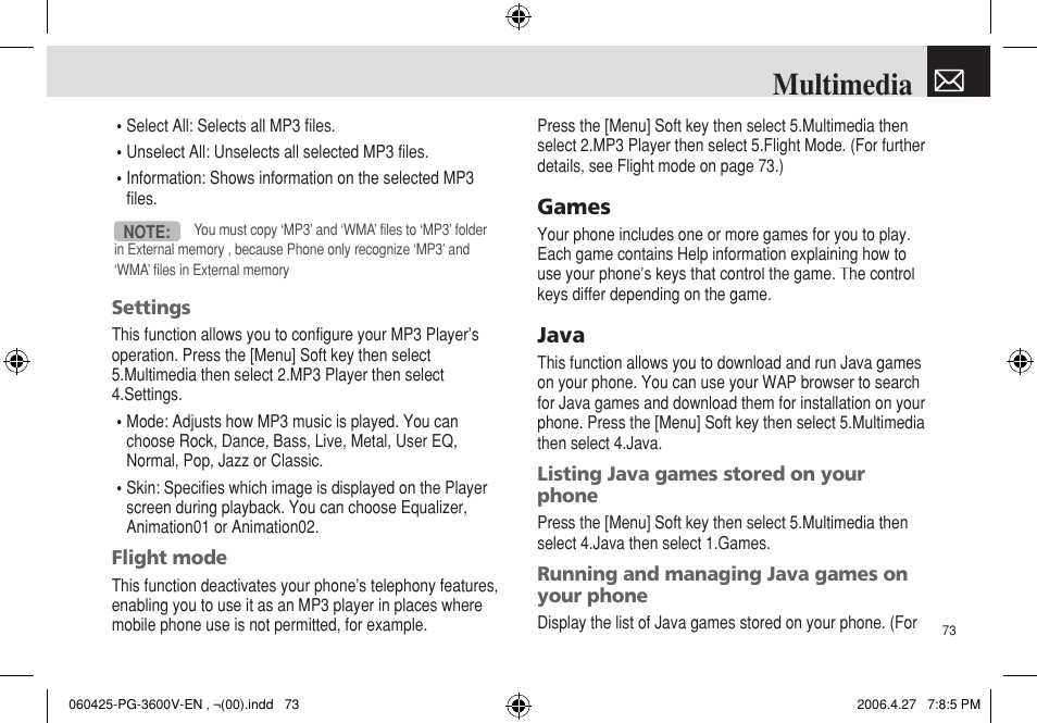 Multimedia, Games, Java | Pantech PG - 3600V User Manual | Page 74 / 115