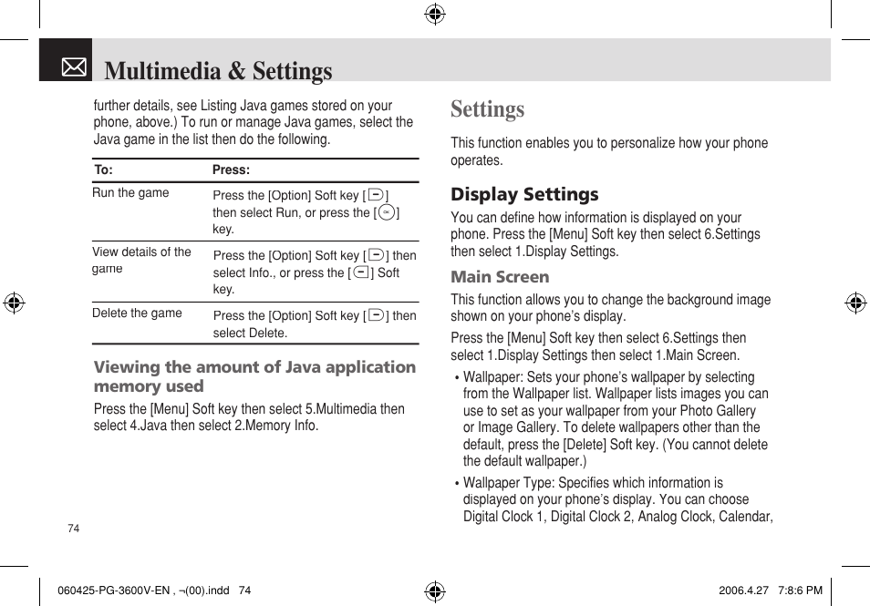 Multimedia & settings, Settings, Display settings | Pantech PG - 3600V User Manual | Page 75 / 115