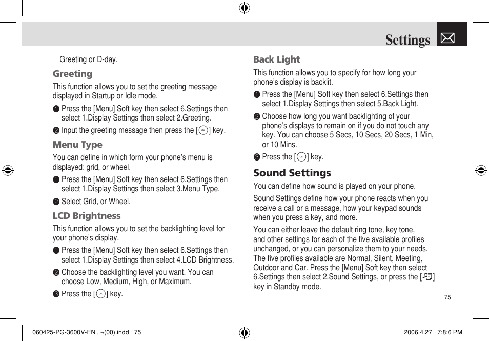 Settings, Sound settings | Pantech PG - 3600V User Manual | Page 76 / 115