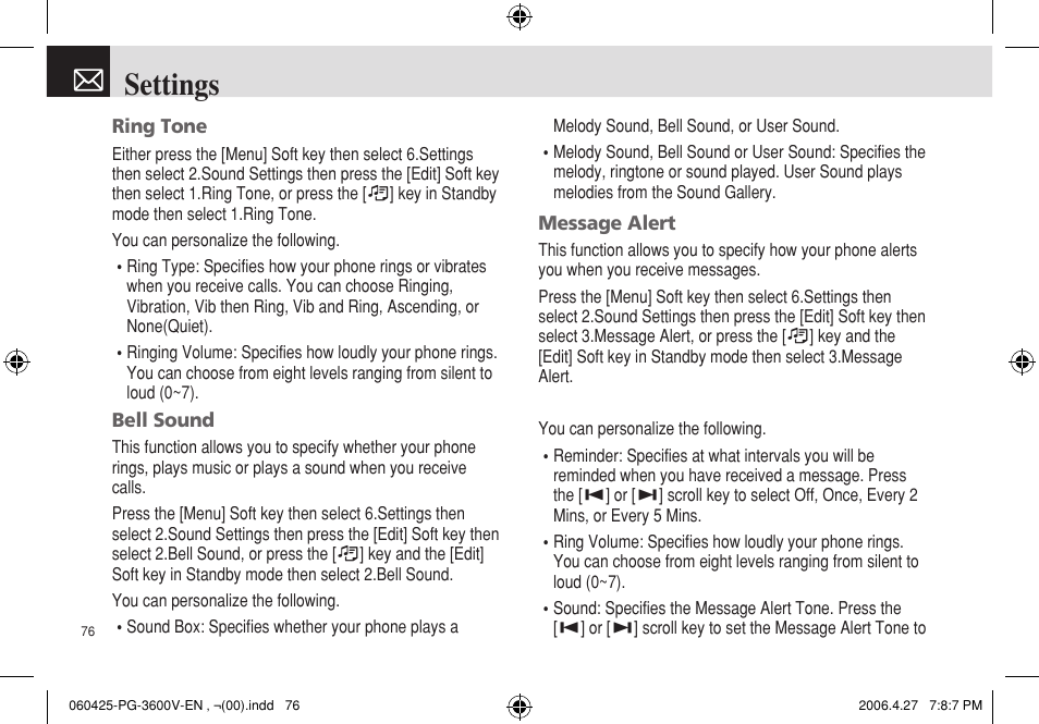 Settings | Pantech PG - 3600V User Manual | Page 77 / 115