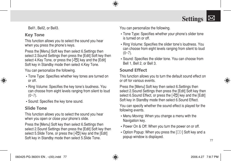 Settings | Pantech PG - 3600V User Manual | Page 78 / 115