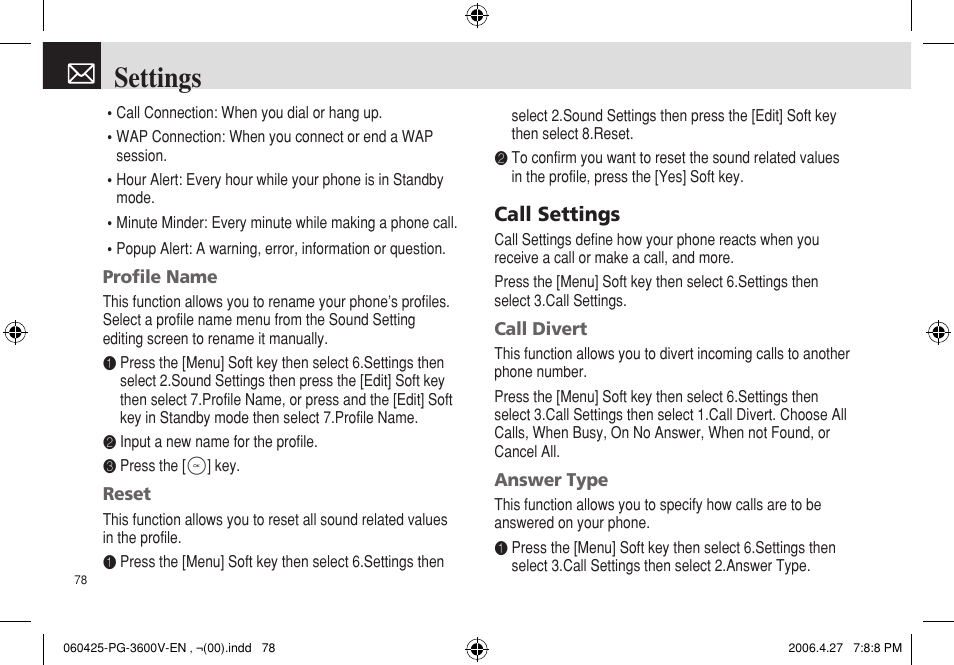 Settings, Call settings | Pantech PG - 3600V User Manual | Page 79 / 115