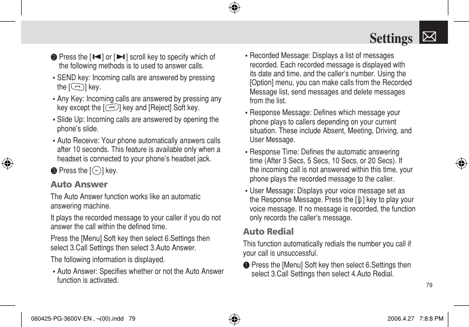 Settings | Pantech PG - 3600V User Manual | Page 80 / 115