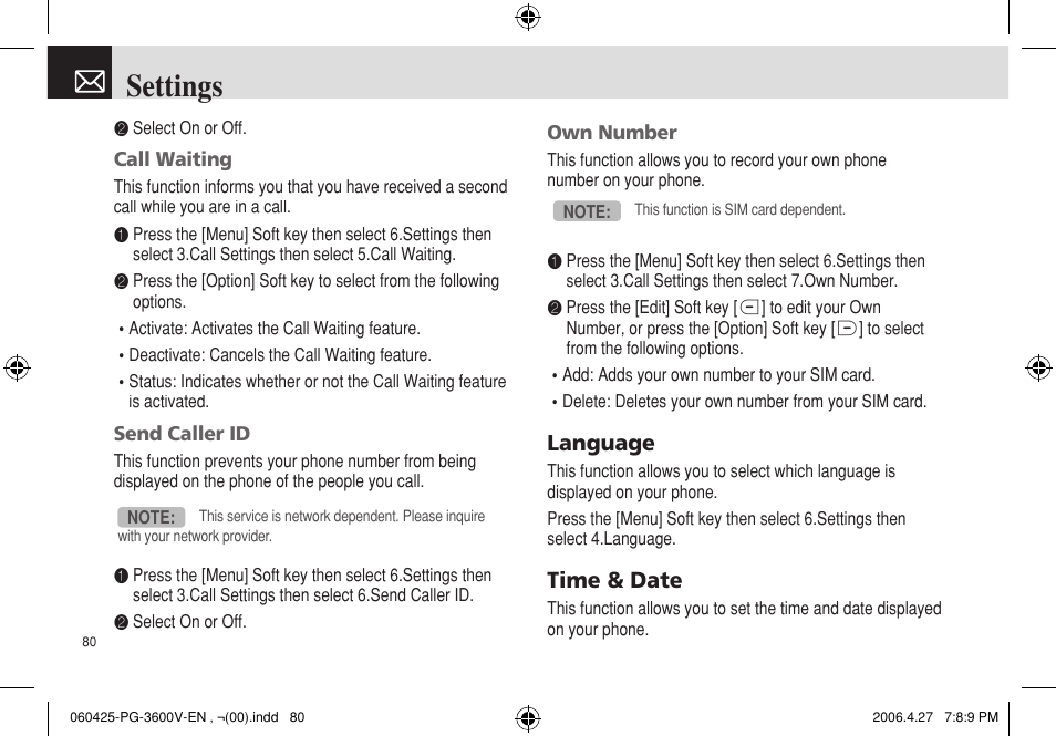 Settings, Language, Time & date | Pantech PG - 3600V User Manual | Page 81 / 115