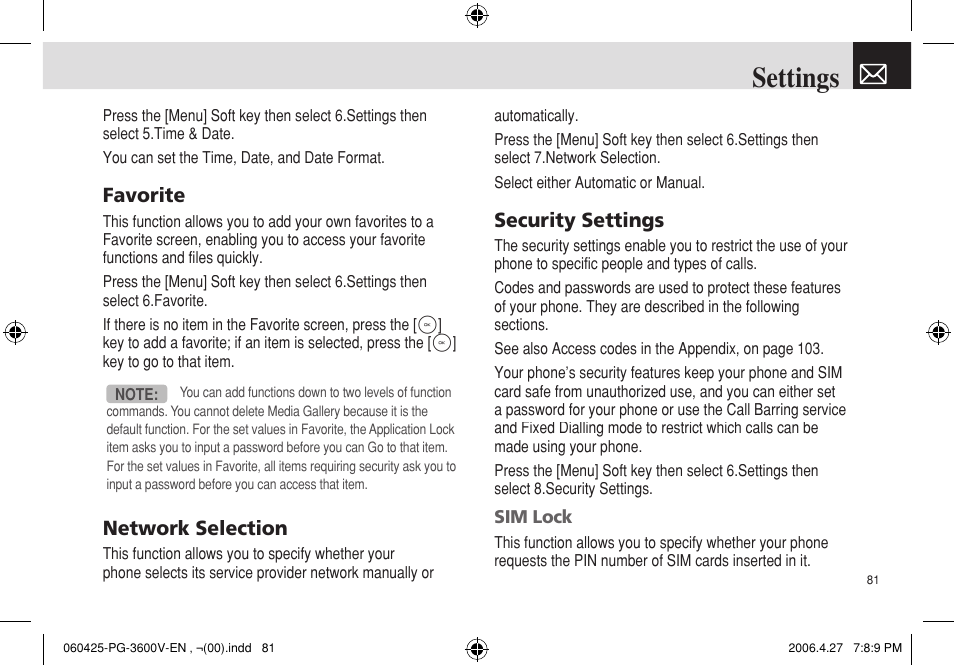 Settings | Pantech PG - 3600V User Manual | Page 82 / 115