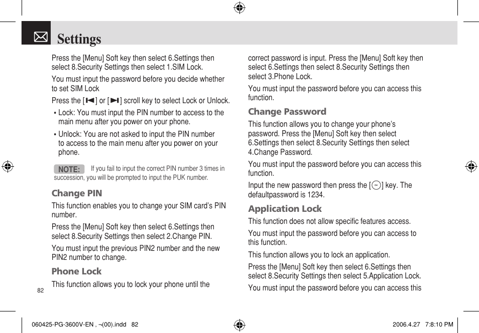 Settings | Pantech PG - 3600V User Manual | Page 83 / 115