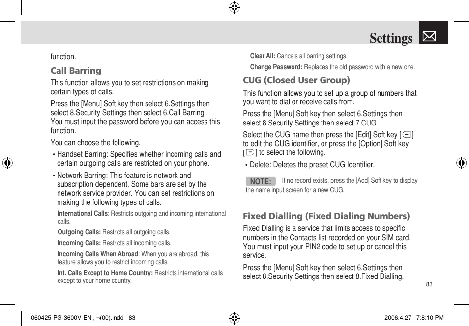 Settings | Pantech PG - 3600V User Manual | Page 84 / 115