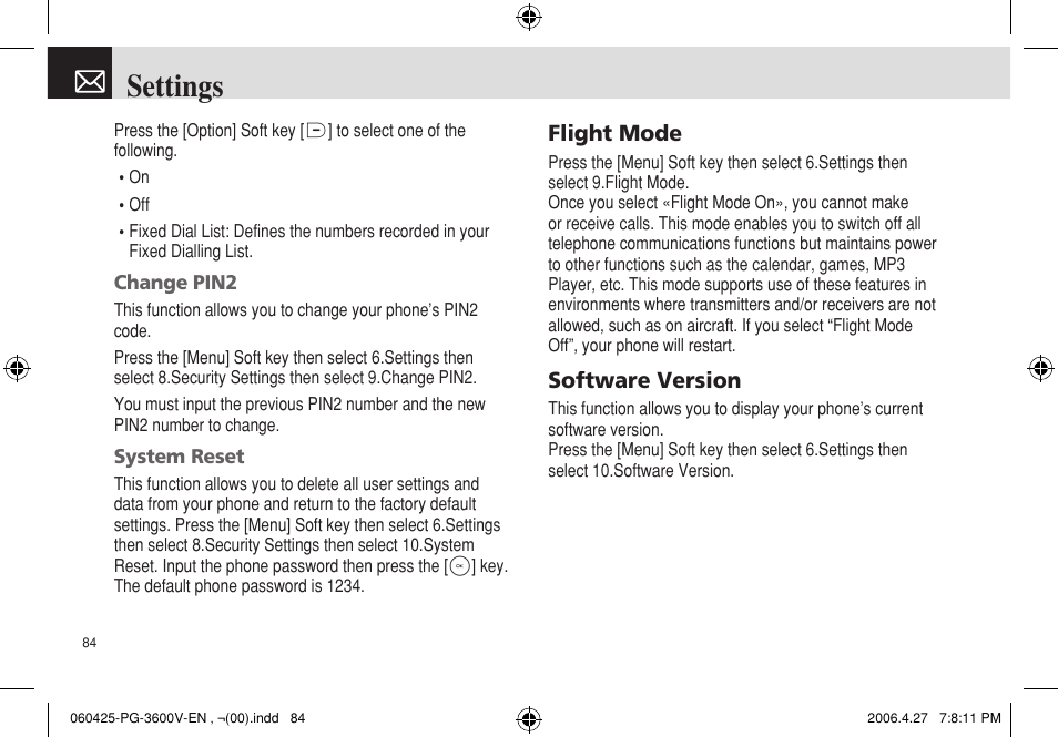 Settings | Pantech PG - 3600V User Manual | Page 85 / 115