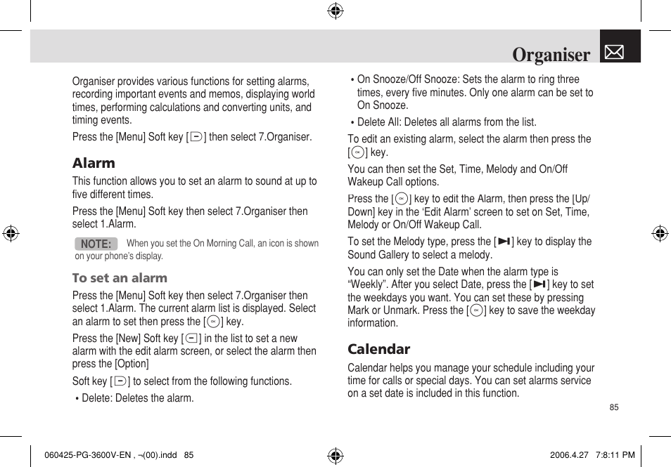 Organiser | Pantech PG - 3600V User Manual | Page 86 / 115