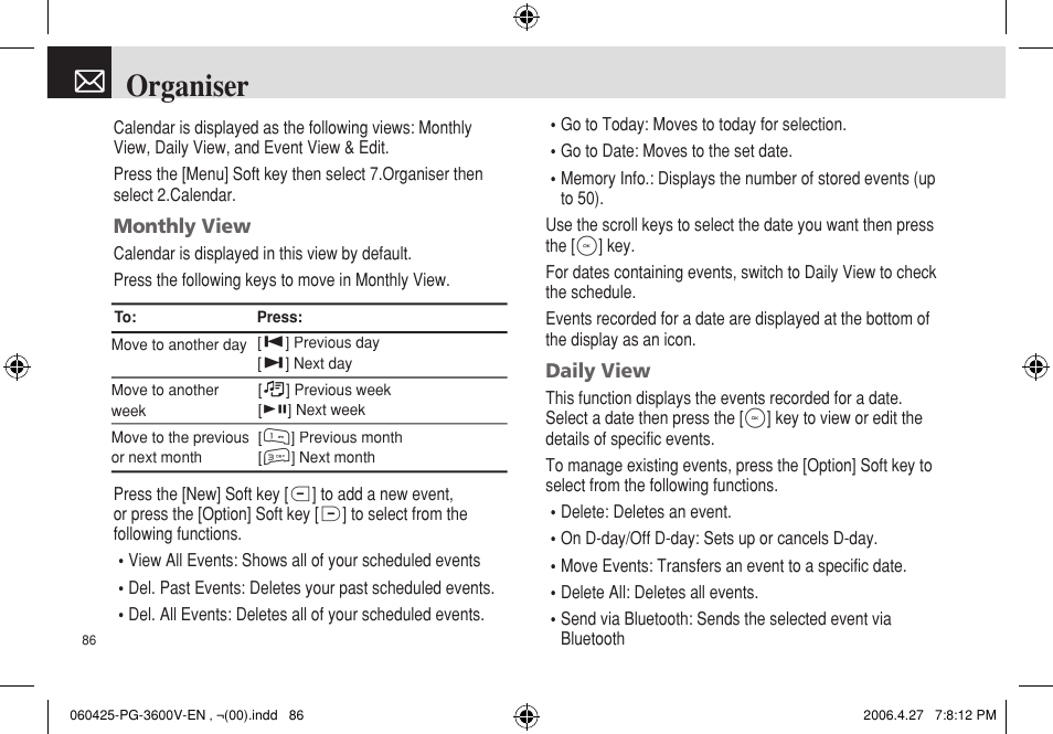 Organiser | Pantech PG - 3600V User Manual | Page 87 / 115