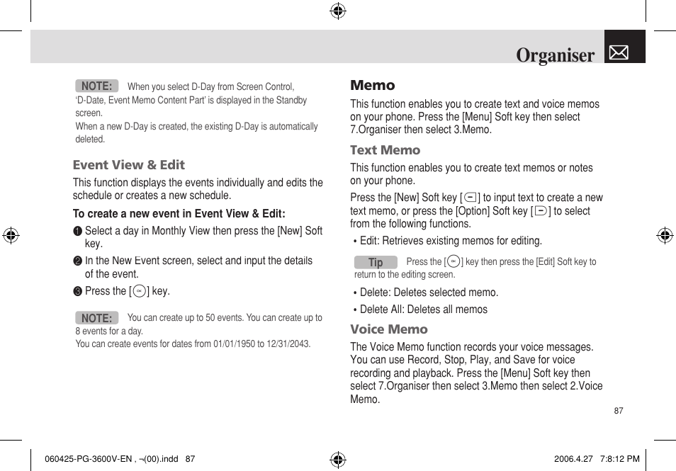 Organiser | Pantech PG - 3600V User Manual | Page 88 / 115