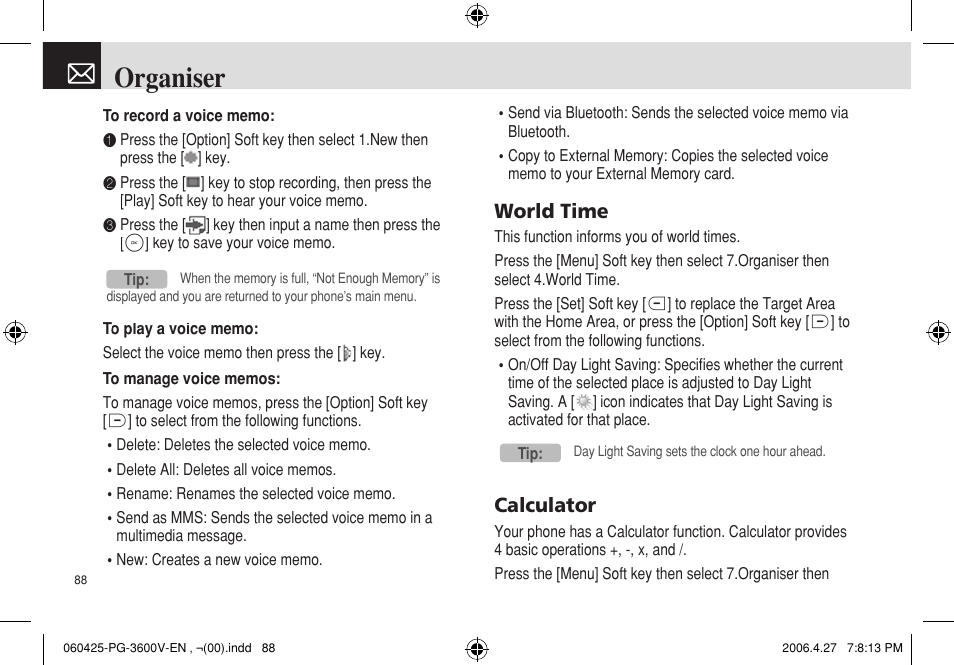 Organiser, World time, Calculator | Pantech PG - 3600V User Manual | Page 89 / 115