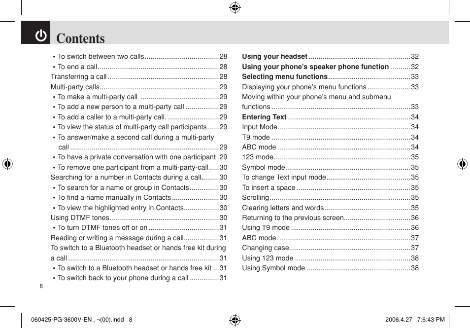 Pantech PG - 3600V User Manual | Page 9 / 115