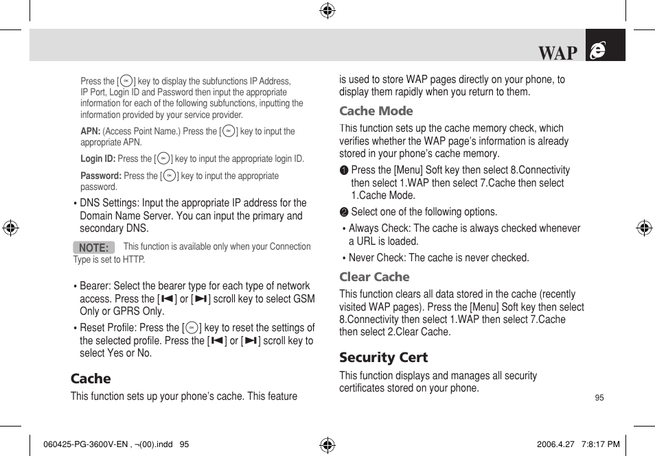 Cache, Security cert | Pantech PG - 3600V User Manual | Page 96 / 115