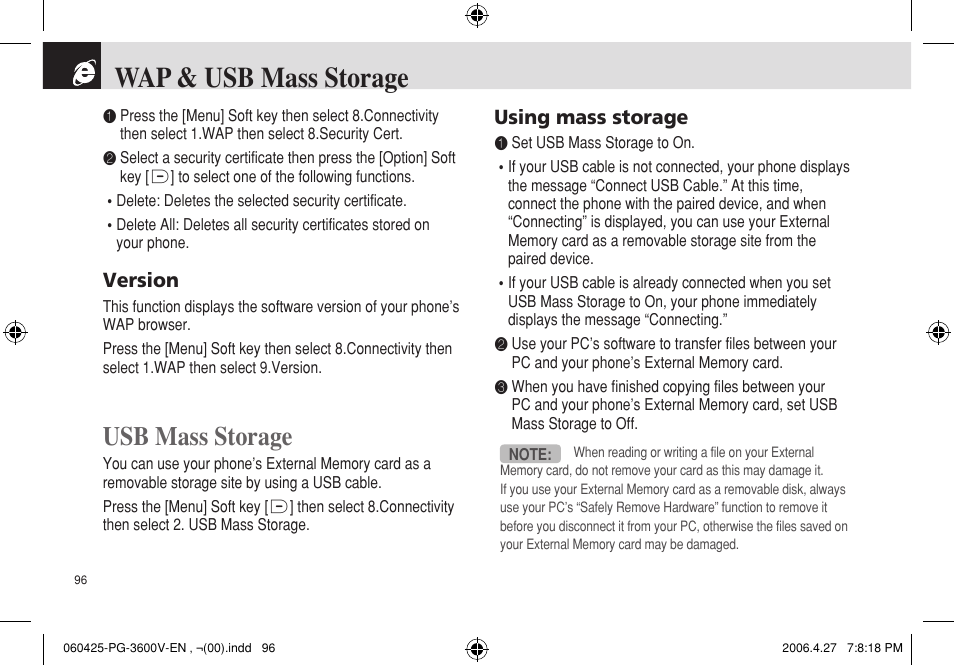 Wap & usb mass storage, Usb mass storage | Pantech PG - 3600V User Manual | Page 97 / 115