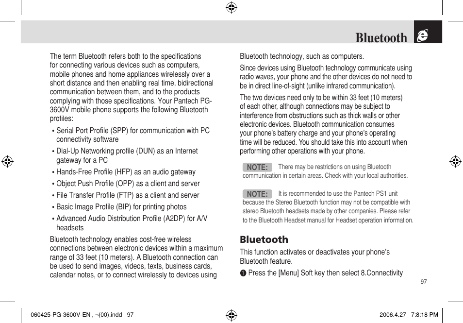 Bluetooth | Pantech PG - 3600V User Manual | Page 98 / 115