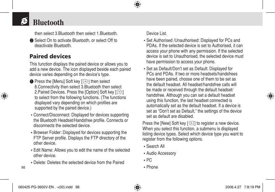 Bluetooth, Paired devices | Pantech PG - 3600V User Manual | Page 99 / 115