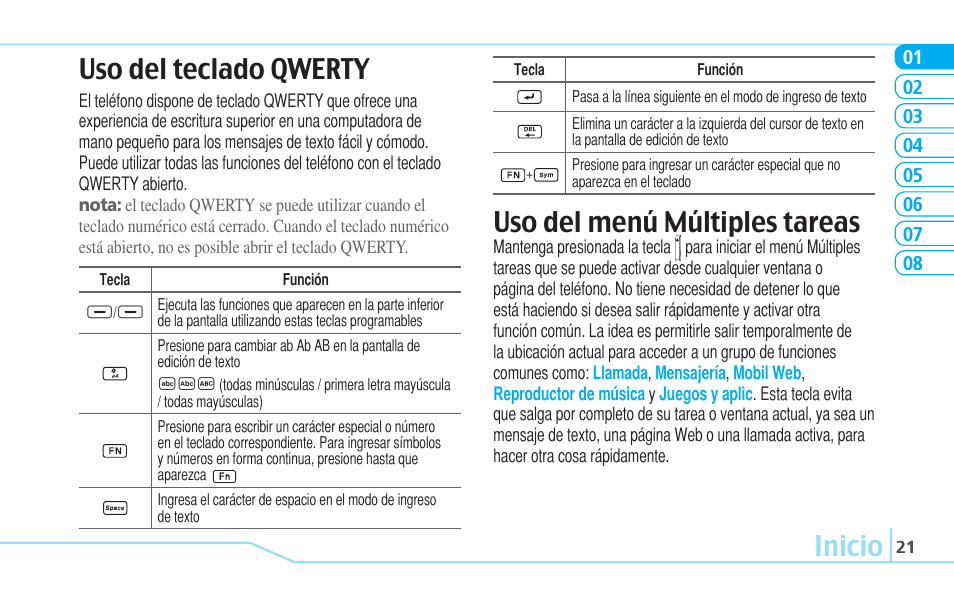 Inicio, Uso del menú múltiples tareas, Uso del teclado qwerty | Pantech Reveal User Manual | Page 113 / 186