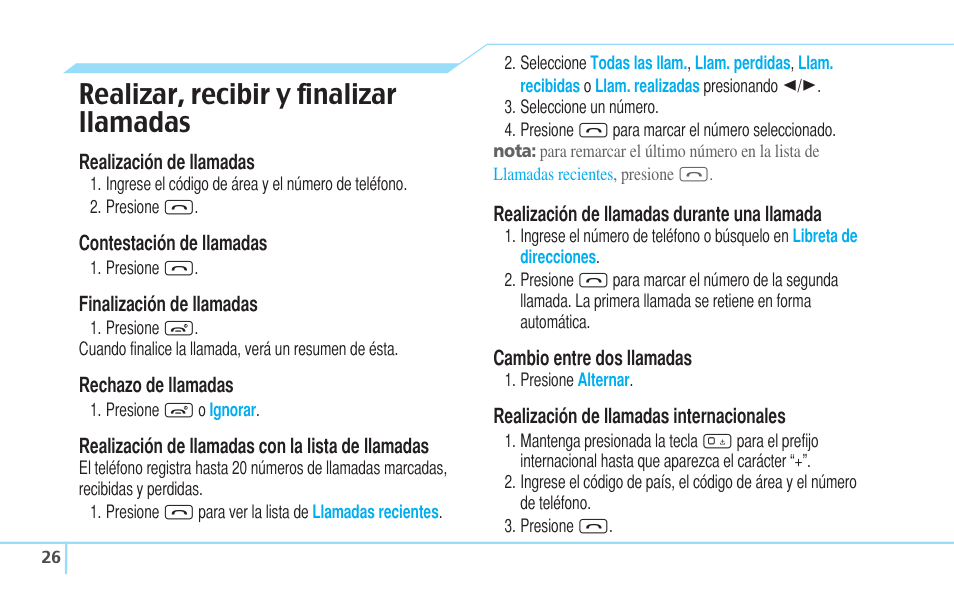 Realizar, recibir y finalizar llamadas | Pantech Reveal User Manual | Page 118 / 186