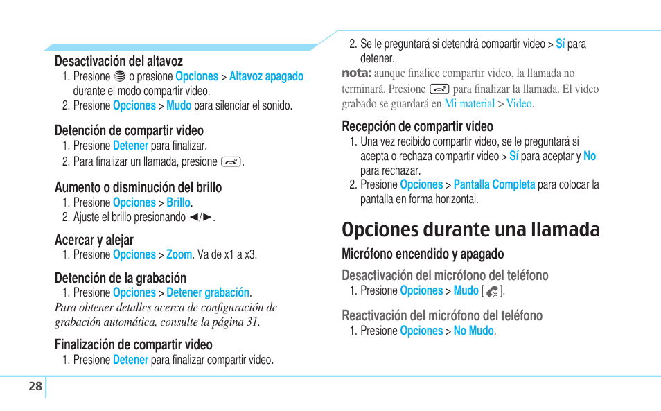 Opciones durante una llamada | Pantech Reveal User Manual | Page 120 / 186