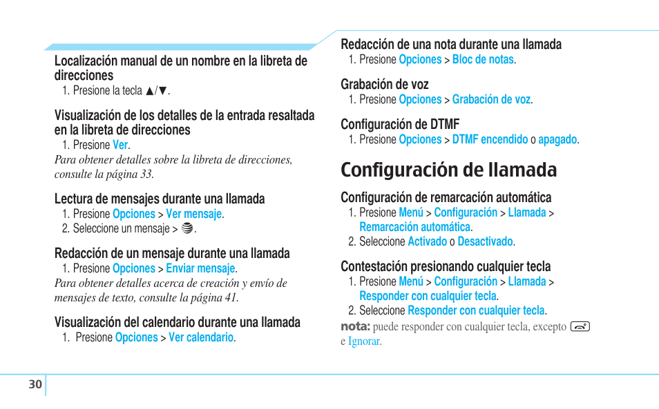 Configuración de llamada | Pantech Reveal User Manual | Page 122 / 186