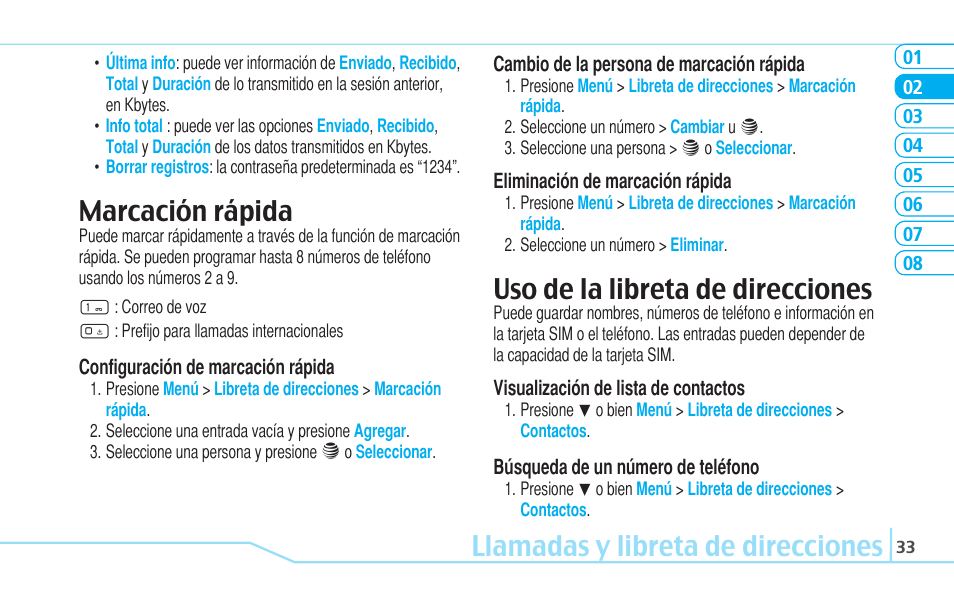 Llamadas y libreta de direcciones, Marcación rápida, Uso de la libreta de direcciones | Pantech Reveal User Manual | Page 125 / 186