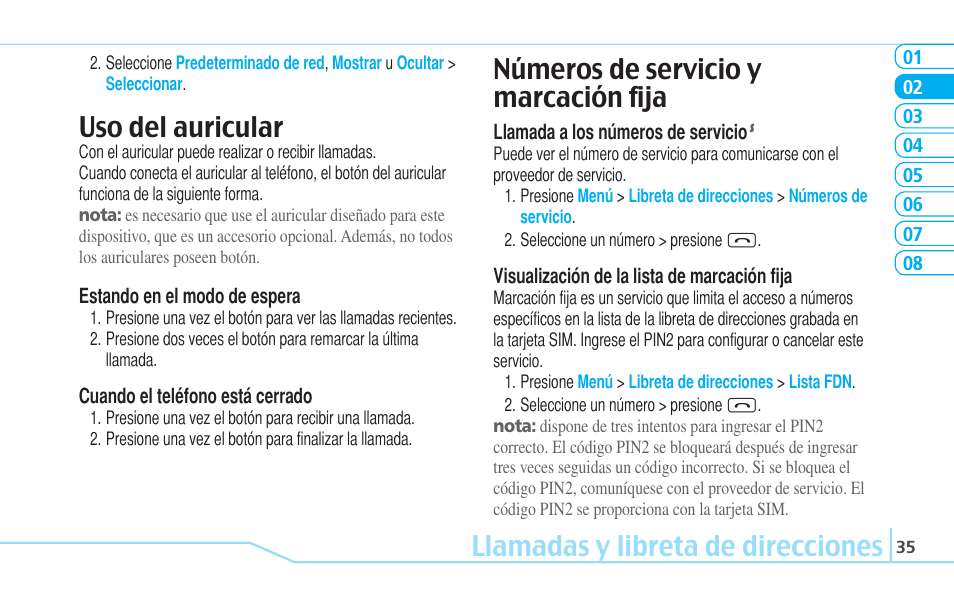 Llamadas y libreta de direcciones, Uso del auricular, Números de servicio y marcación fija | Pantech Reveal User Manual | Page 127 / 186