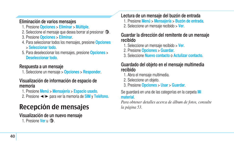 Recepción de mensajes | Pantech Reveal User Manual | Page 132 / 186