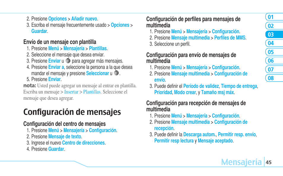 Mensajería, Configuración de mensajes | Pantech Reveal User Manual | Page 137 / 186