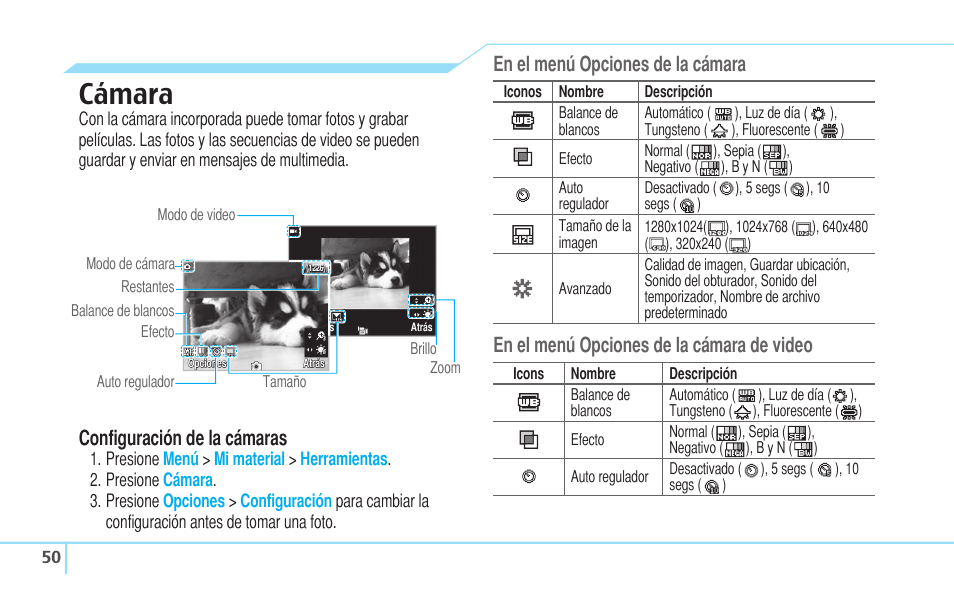 Cámara, En el menú opciones de la cámara, En el menú opciones de la cámara de video | Configuración de la cámaras | Pantech Reveal User Manual | Page 142 / 186