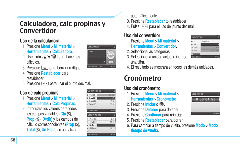 Calculadora, calc propinas y convertidor, Cronómetro | Pantech Reveal User Manual | Page 160 / 186