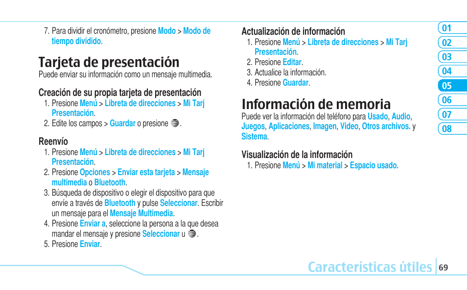 Características útiles, Tarjeta de presentación | Pantech Reveal User Manual | Page 161 / 186