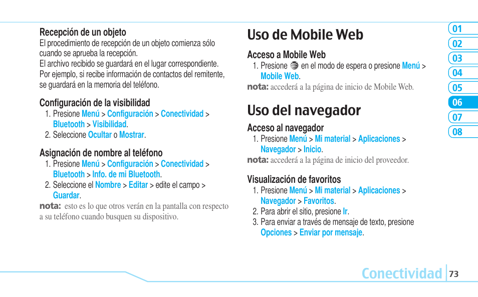 Conectividad, Uso de mobile web, Uso del navegador | Pantech Reveal User Manual | Page 165 / 186