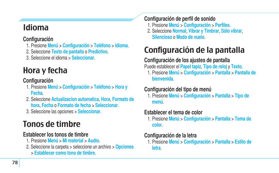 Idioma, Hora y fecha, Tonos de timbre | Configuración de la pantalla | Pantech Reveal User Manual | Page 170 / 186