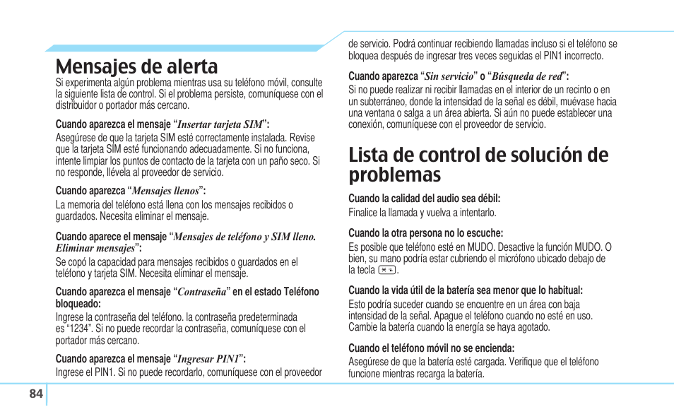 Mensajes de alerta, Lista de control de solución de problemas | Pantech Reveal User Manual | Page 176 / 186