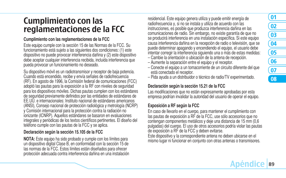 Apéndice, Cumplimiento con las reglamentaciones de la fcc | Pantech Reveal User Manual | Page 181 / 186