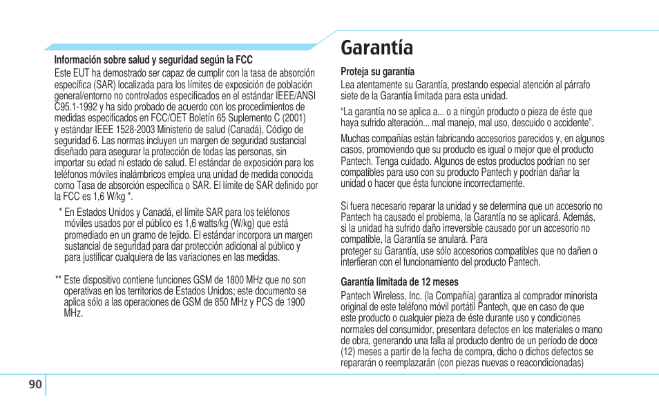 Garantía | Pantech Reveal User Manual | Page 182 / 186