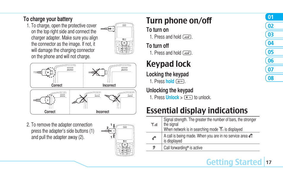 Getting started turn phone on/off, Keypad lock, Essential display indications | Pantech Reveal User Manual | Page 19 / 186