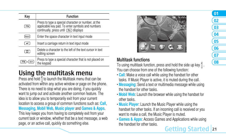 Getting started, Using the multitask menu | Pantech Reveal User Manual | Page 23 / 186